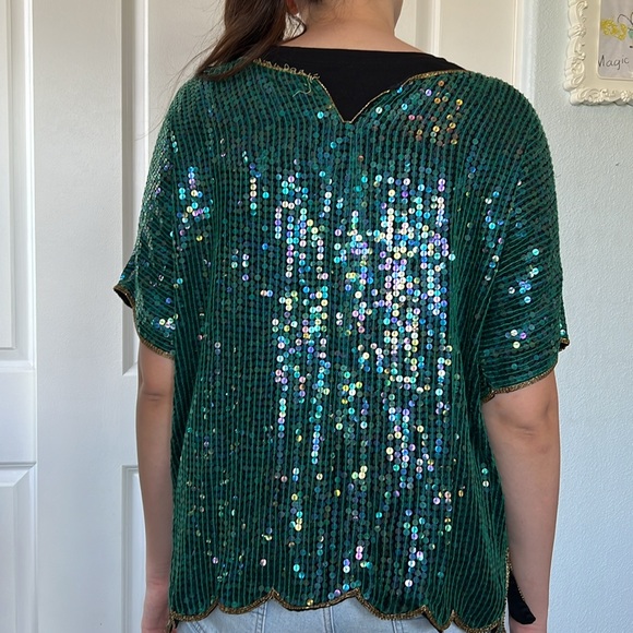 Vtg 90s floral EMERALD GREEN sequin beaded top shirt XL - Picture 9 of 11